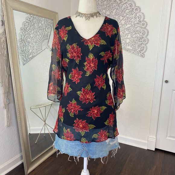 Witchy Whimsygoth Black Red Beaded Sheer Mesh 3/4 Sleeve Blouse XL Petite - Picture 5 of 8